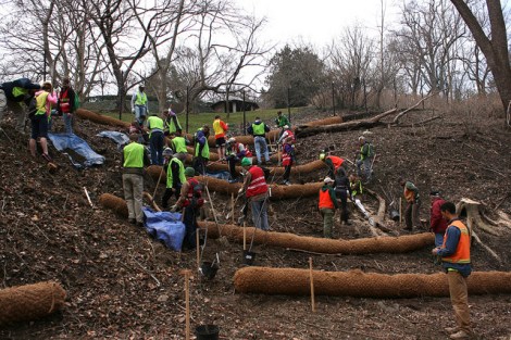 Volunteers installing biodegradable triage logs designed to decrease erosion and increase groundwater supply. Spring 2014.